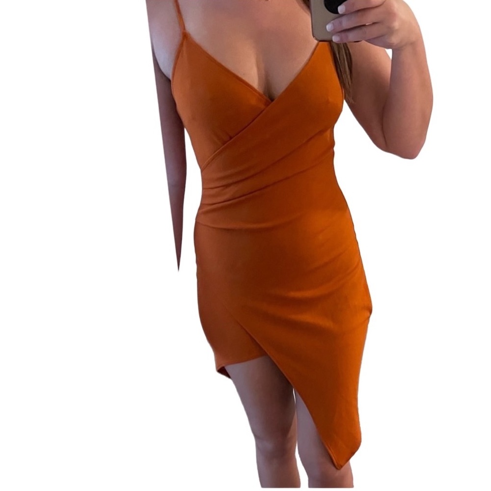 NWT The boutique rust burnt orange asymmetrical spaghetti strap dress